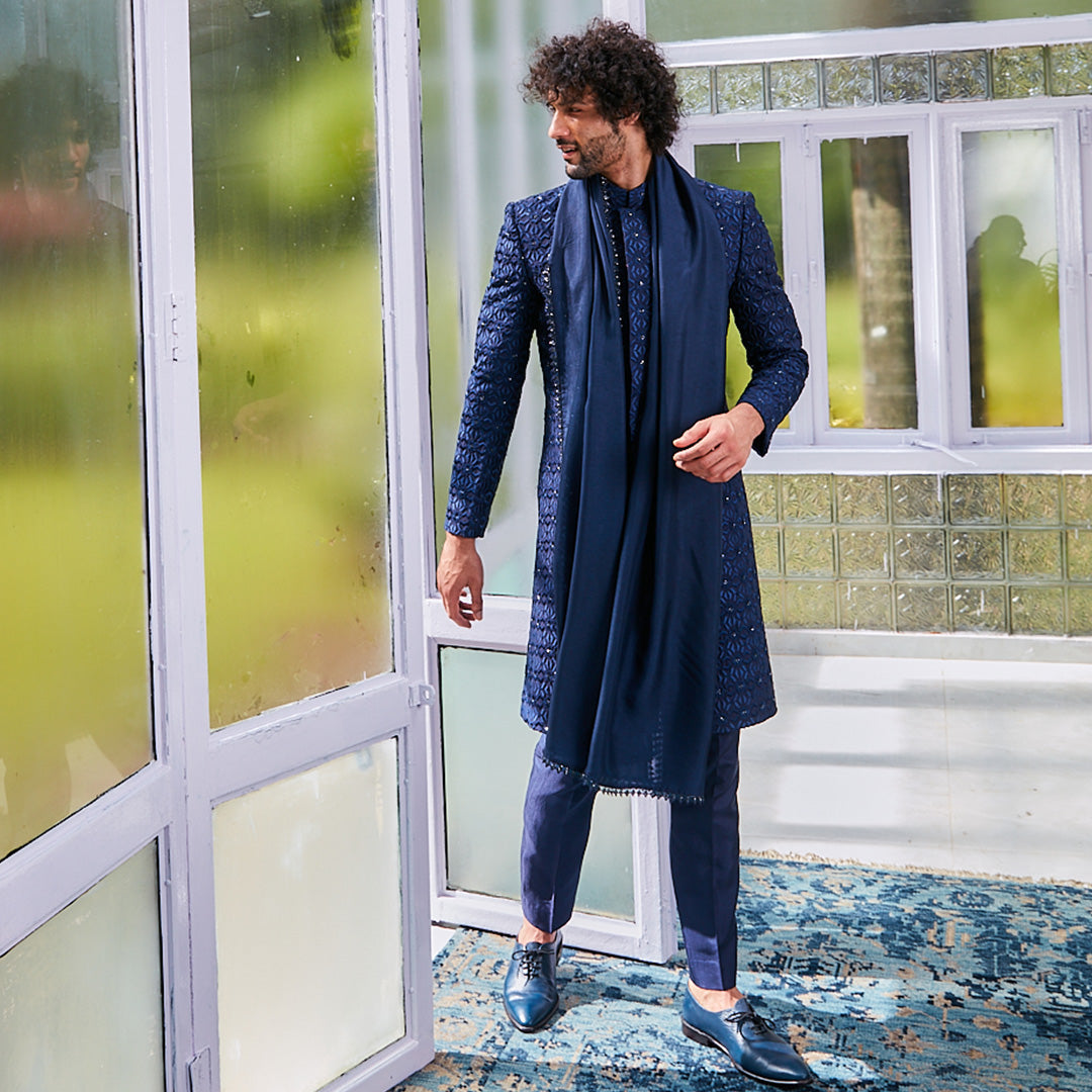 BLUE SHERWANI JACKET WITH SELF GEO EMBROIDERY