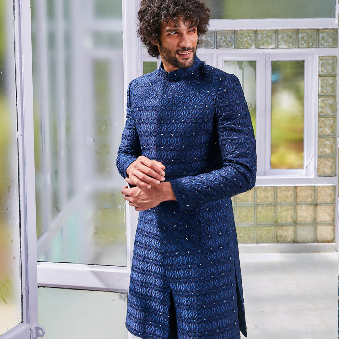 BLUE SHERWANI JACKET WITH SELF GEO EMBROIDERY