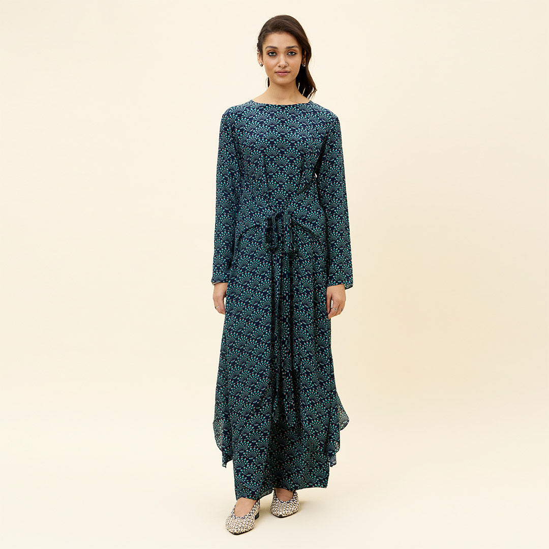 RASA BLUE BUTTA PRINT front tie up tunic with pants