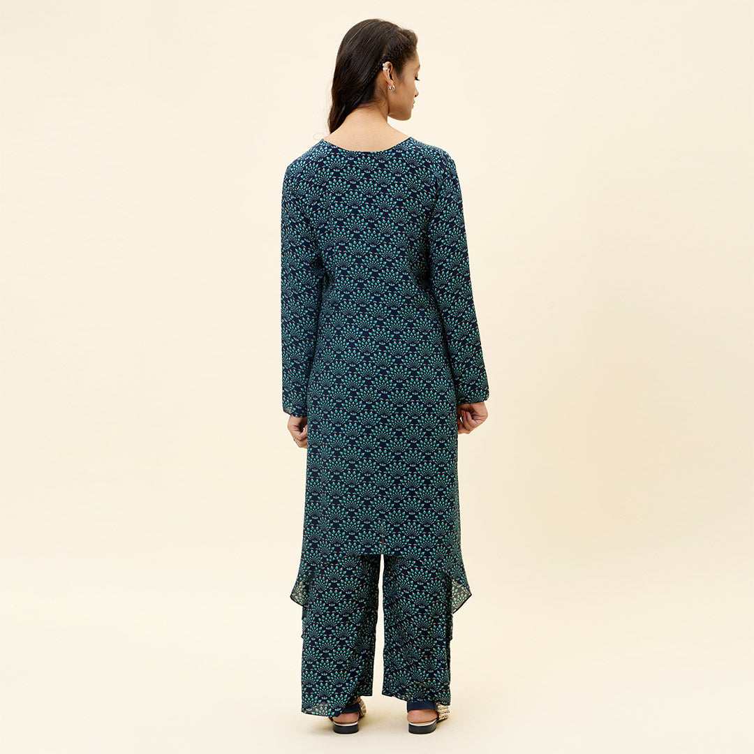 RASA BLUE BUTTA PRINT front tie up tunic with pants