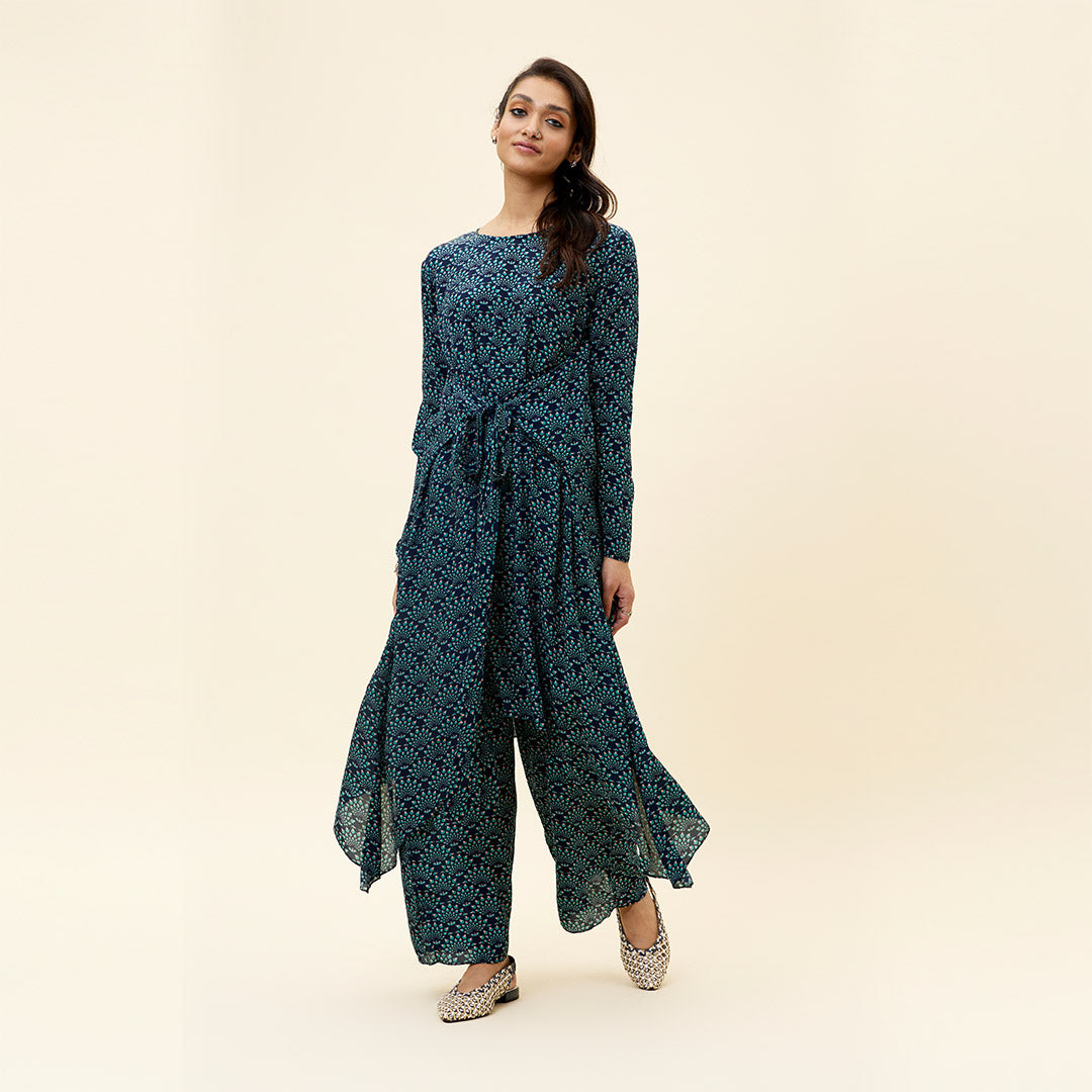 RASA BLUE BUTTA PRINT front tie up tunic with pants