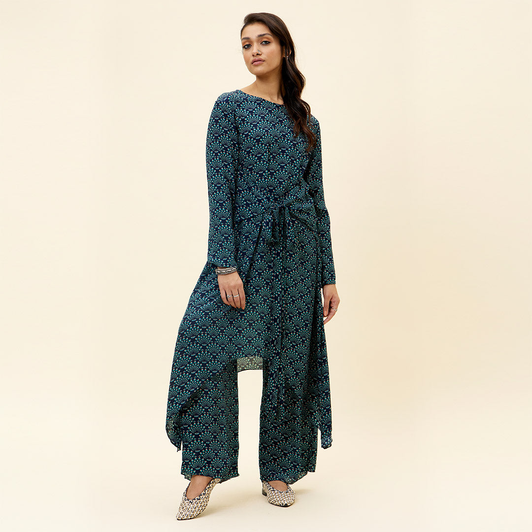 RASA BLUE BUTTA PRINT front tie up tunic with pants