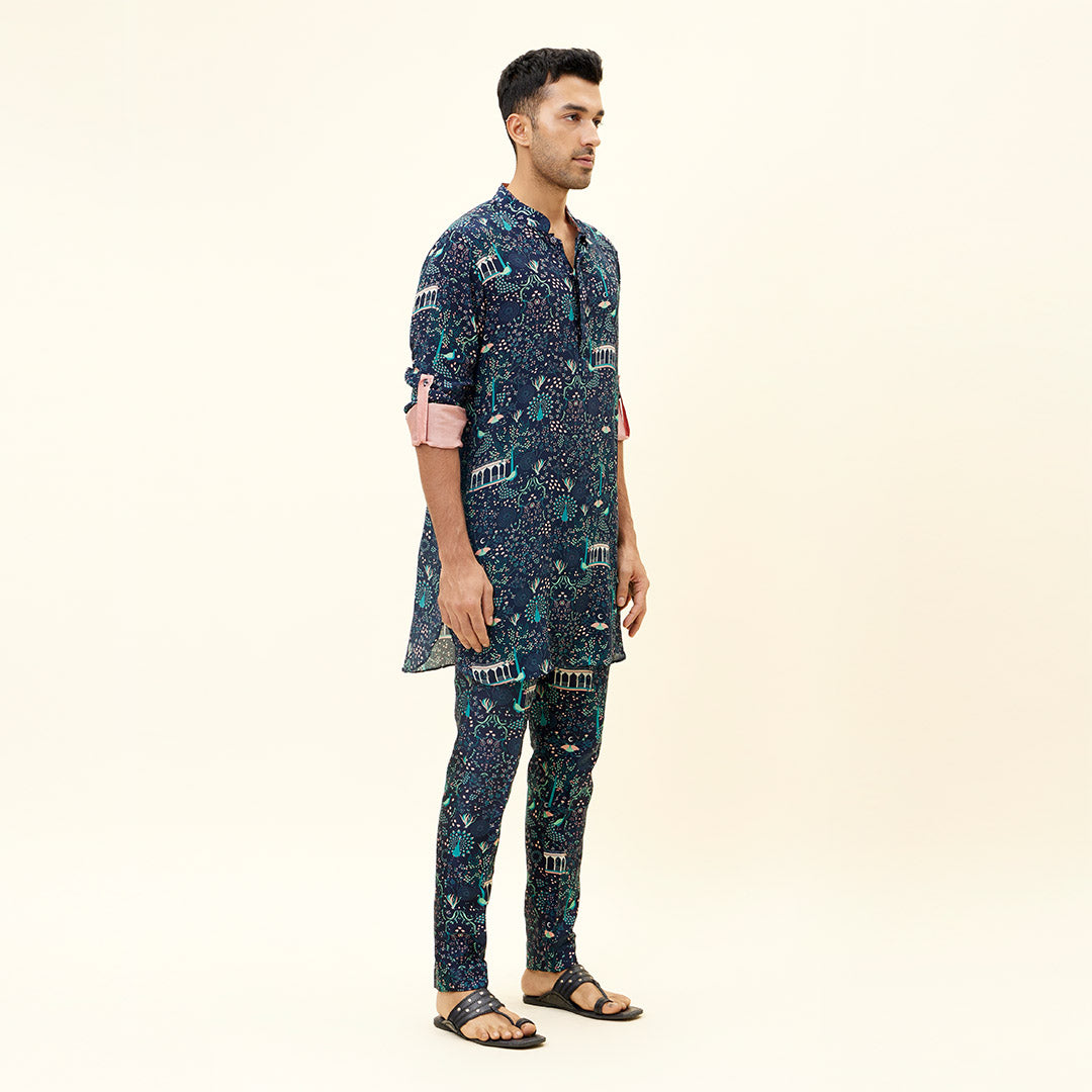 BLUE MOR JAAL PRINT SHORT SHIRT STYLE KURTA WITH ROLLED UP SLEEVES