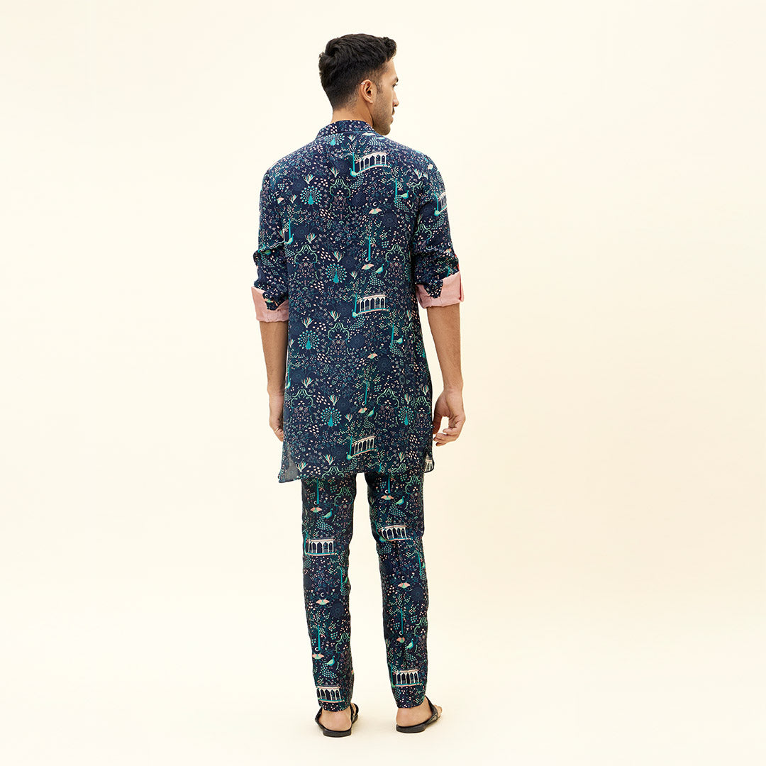 BLUE MOR JAAL PRINT SHORT SHIRT STYLE KURTA WITH ROLLED UP SLEEVES