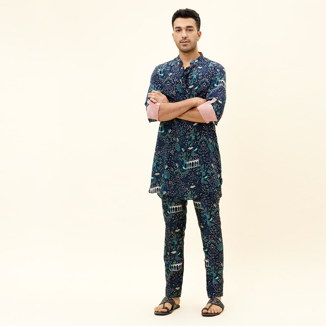 BLUE MOR JAAL PRINT SHORT SHIRT STYLE KURTA WITH ROLLED UP SLEEVES