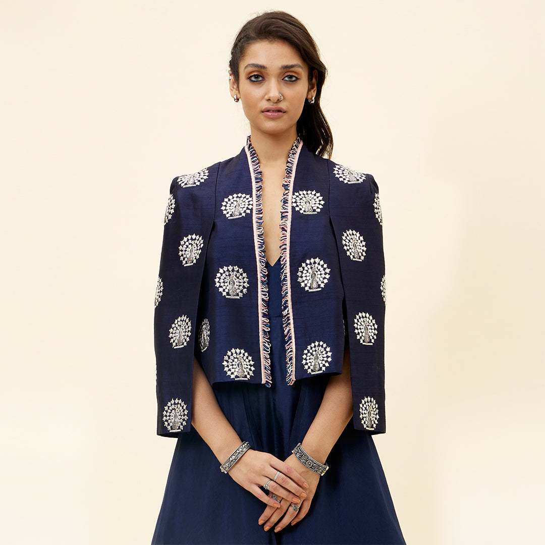 Blue peacock motif noor jacket with layered jumpsuit