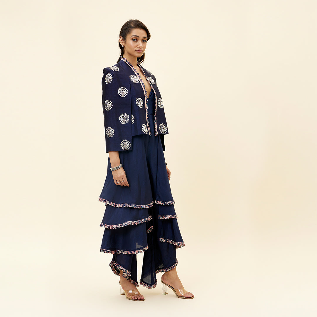 Blue peacock motif noor jacket with layered jumpsuit