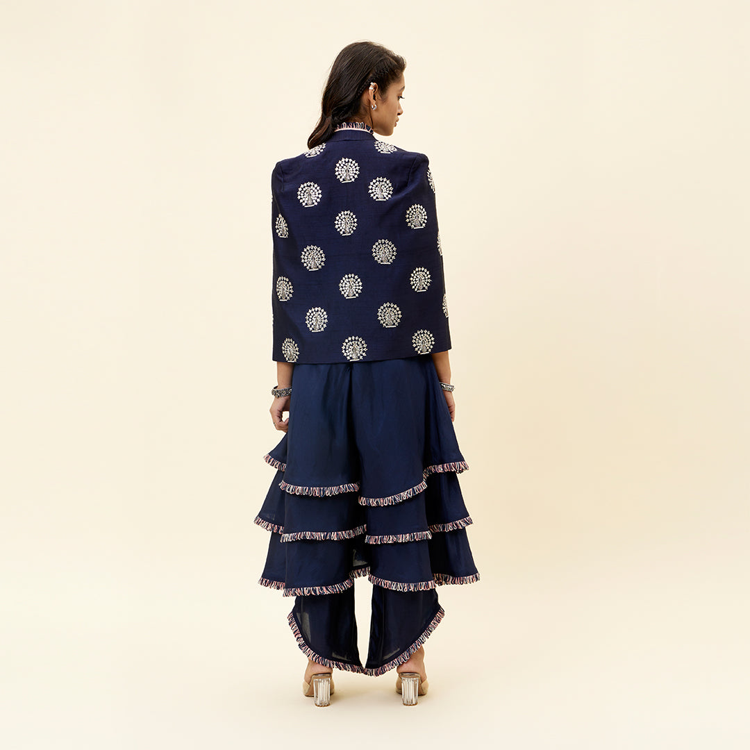 Blue peacock motif noor jacket with layered jumpsuit