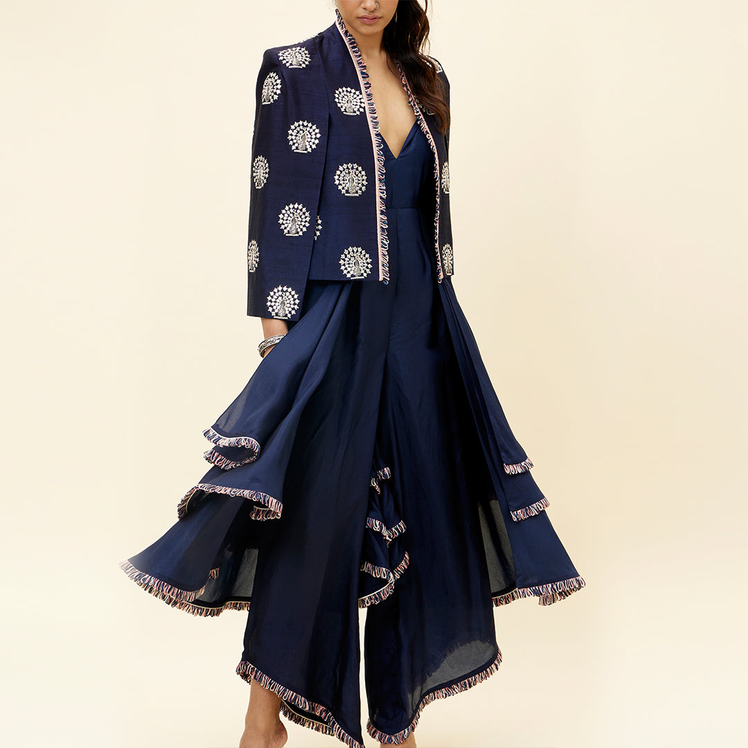 Blue peacock motif noor jacket with layered jumpsuit