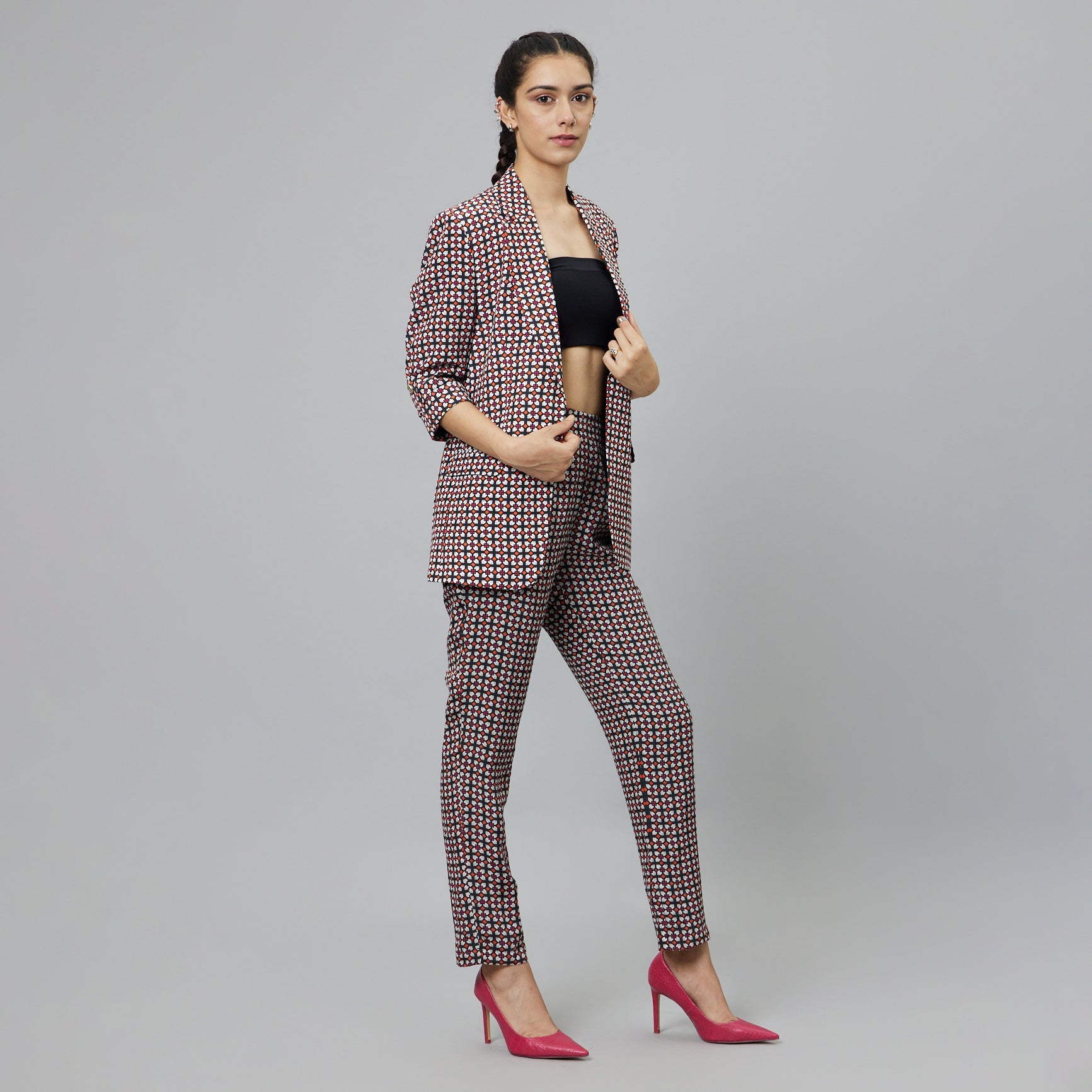 BLACK GEOMETRIC PRINT PANT SUIT PAIRED WITH A BUSTIER