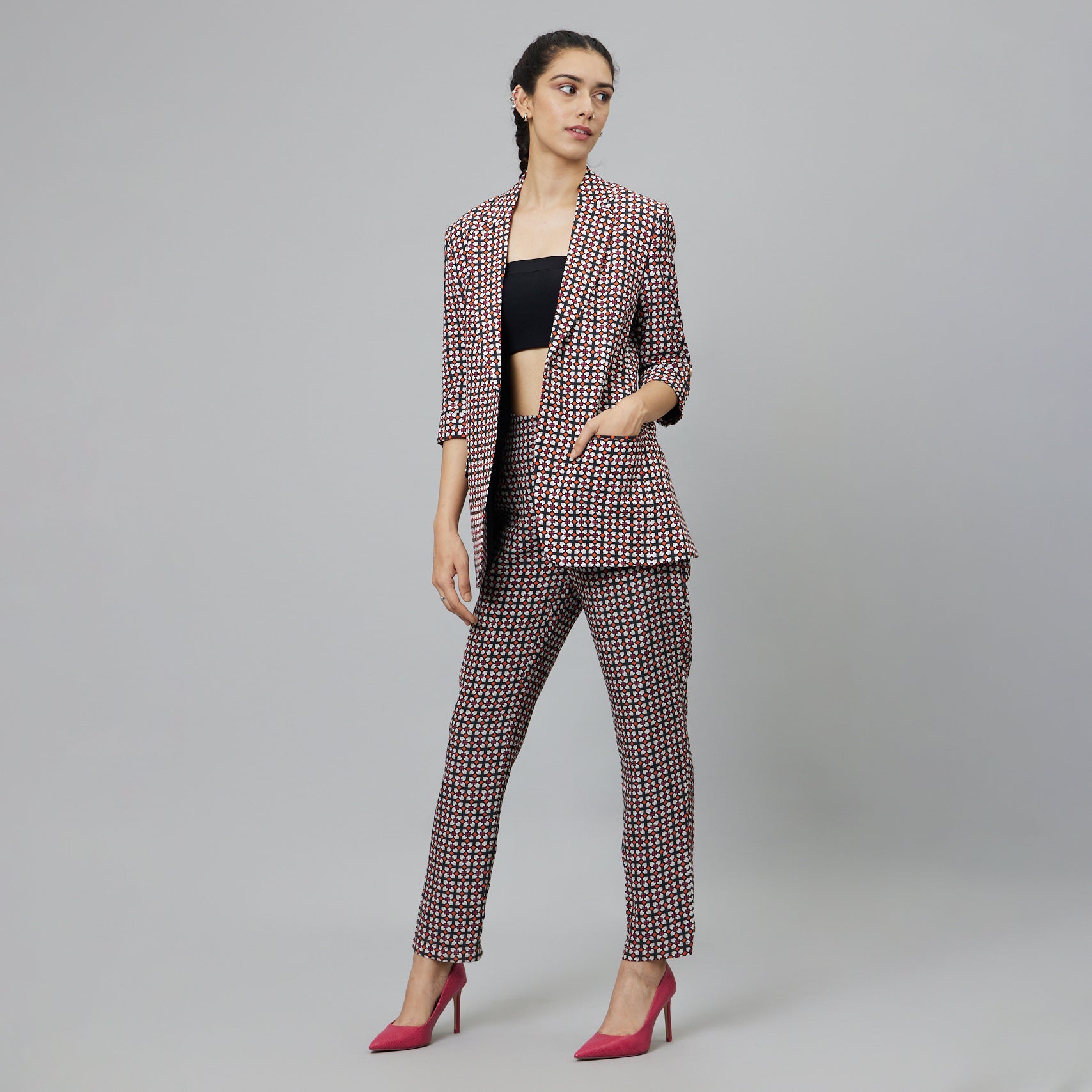 BLACK GEOMETRIC PRINT PANT SUIT PAIRED WITH A BUSTIER