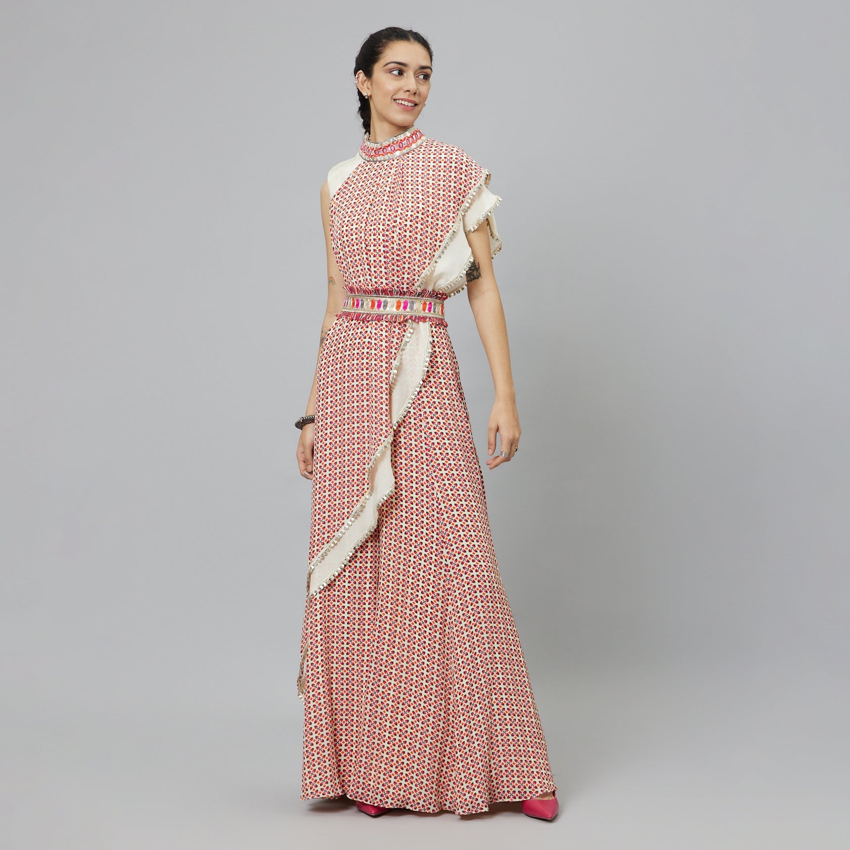 IVORY CROP TOP WITH IVORY GEOMETRIC PRINT DRAPE AND IVORY SOLID PLAIN SILK DRAPE WITH IVORY GEOMETRIC SHARARA PANTS