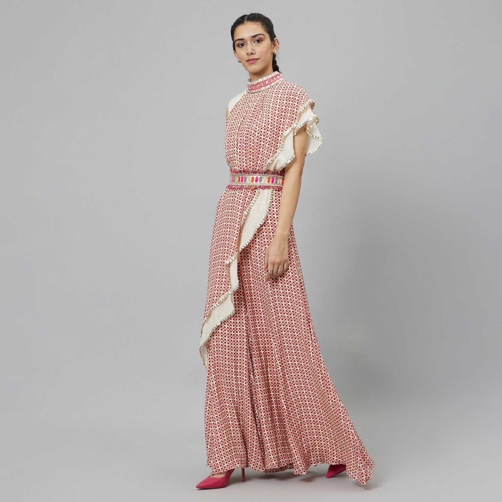 IVORY CROP TOP WITH IVORY GEOMETRIC PRINT DRAPE AND IVORY SOLID PLAIN SILK DRAPE WITH IVORY GEOMETRIC SHARARA PANTS