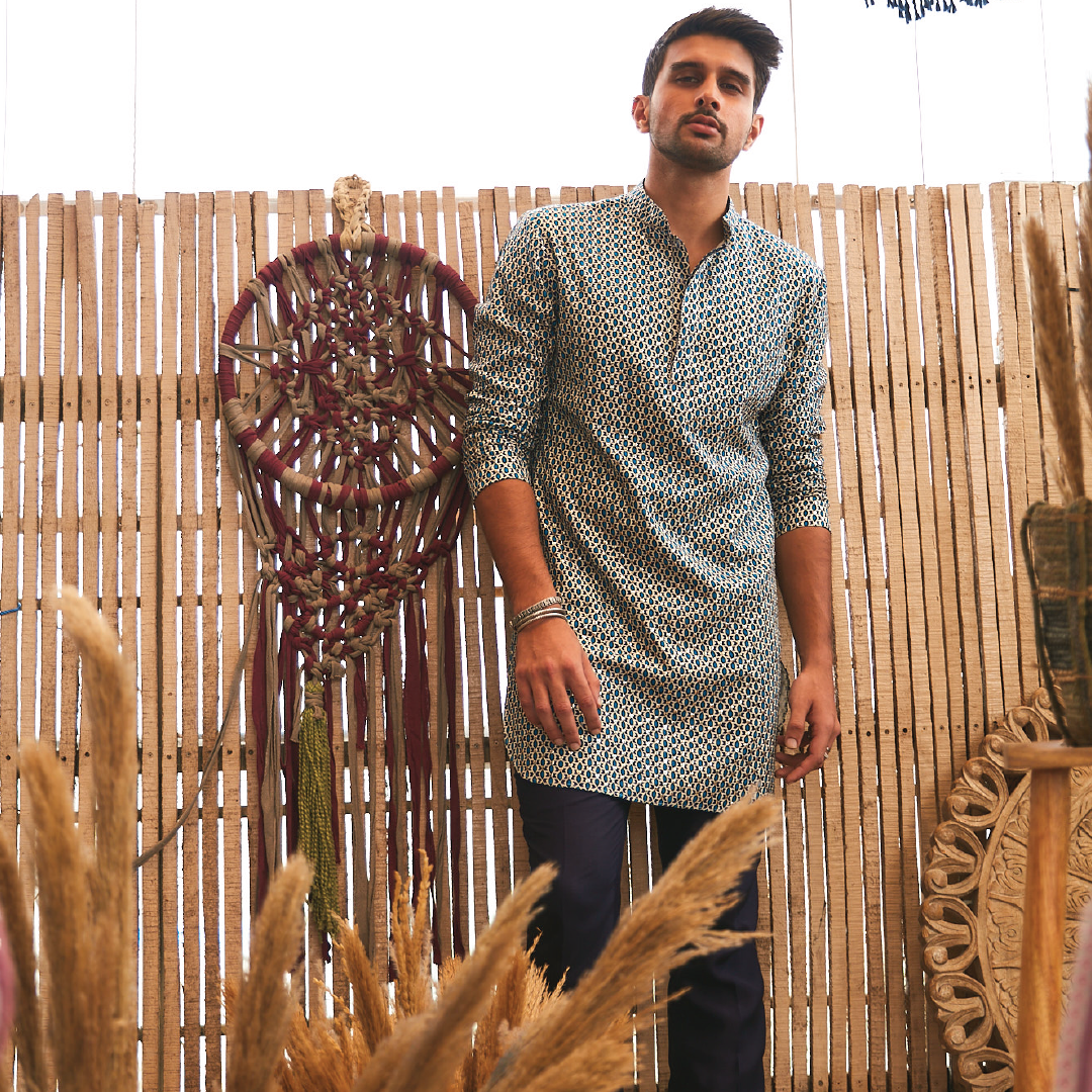 BLUE GEOMETRIC KURTA SET