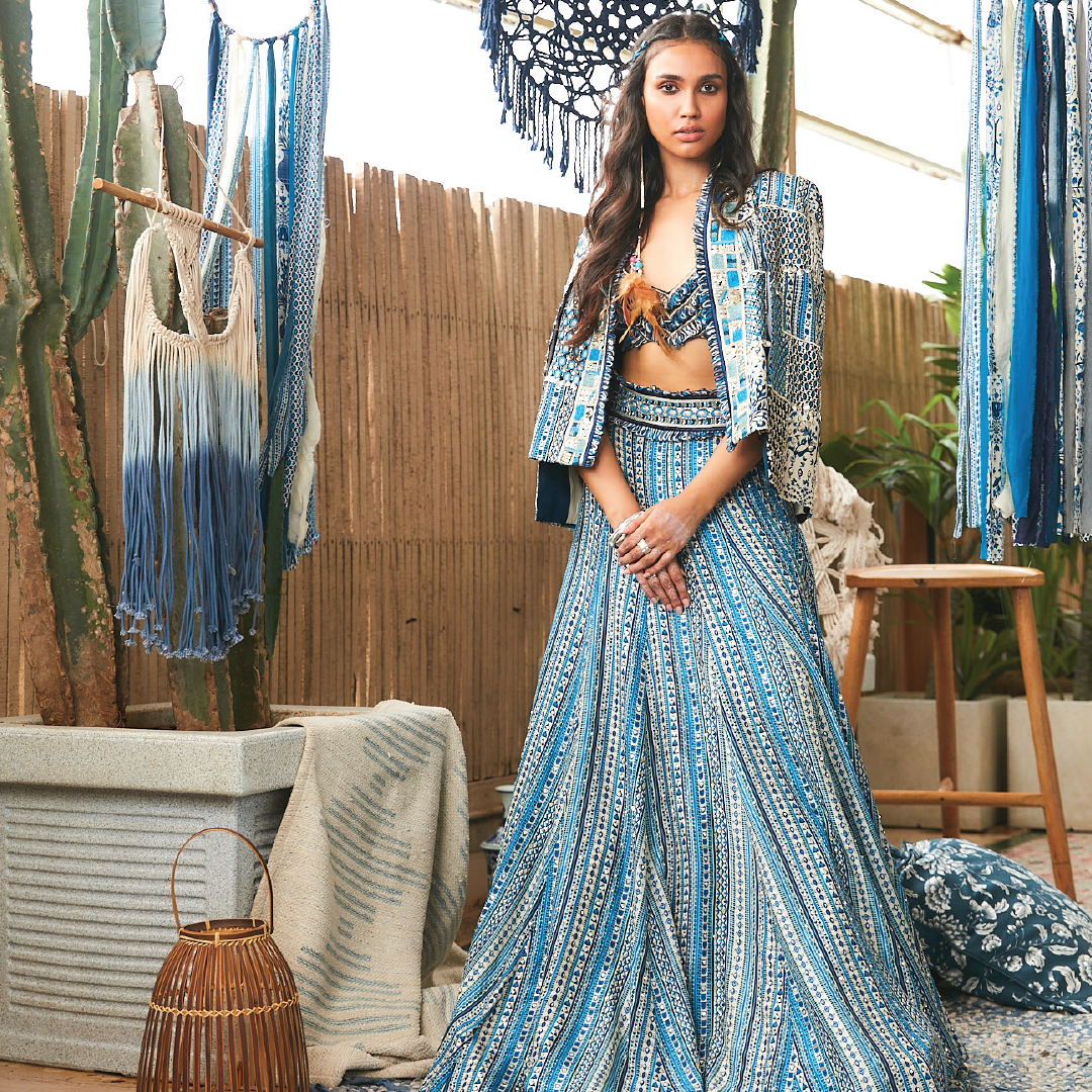 BLUE BOHO STRIPE PRINT HIGHLIGHTED LEHENGA SET