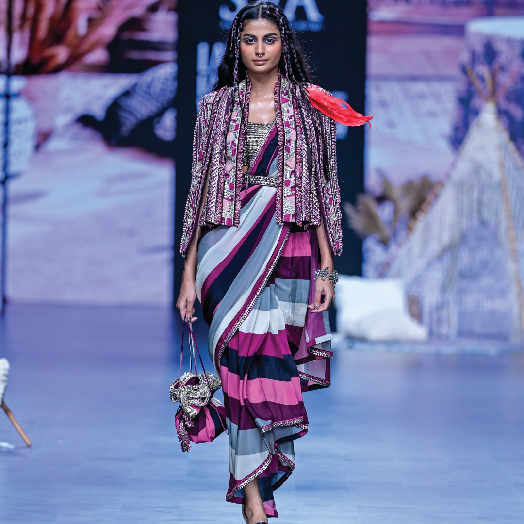 MERLOT STRIPE CASCADE SAREE WITH ABSTRACT NOOR JACKET