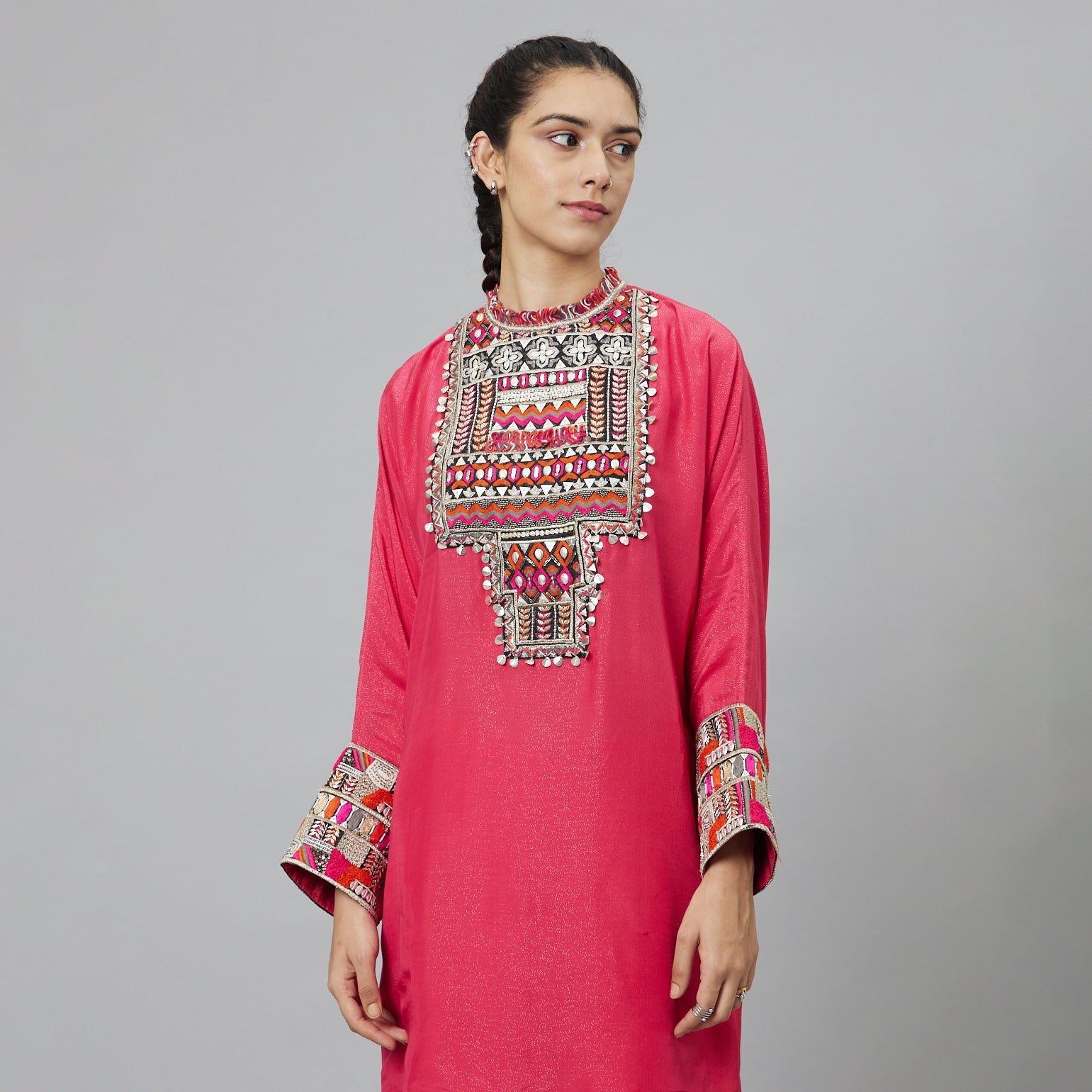 PINK DOLMAIN SLEEVES KURTA WITH BLACK EMBROIDERED YOKE TEAMED WITH PANTS