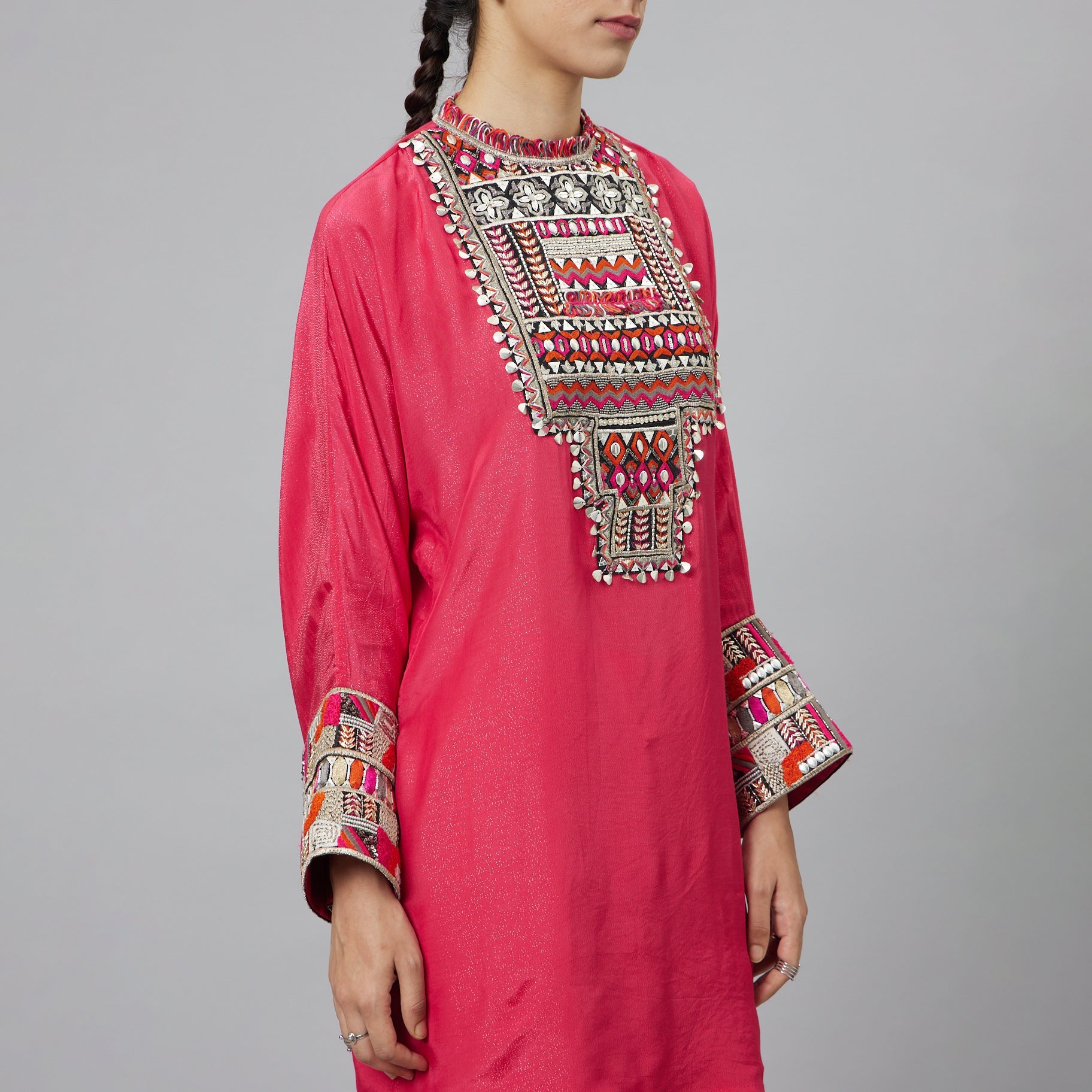 PINK DOLMAIN SLEEVES KURTA WITH BLACK EMBROIDERED YOKE TEAMED WITH PANTS