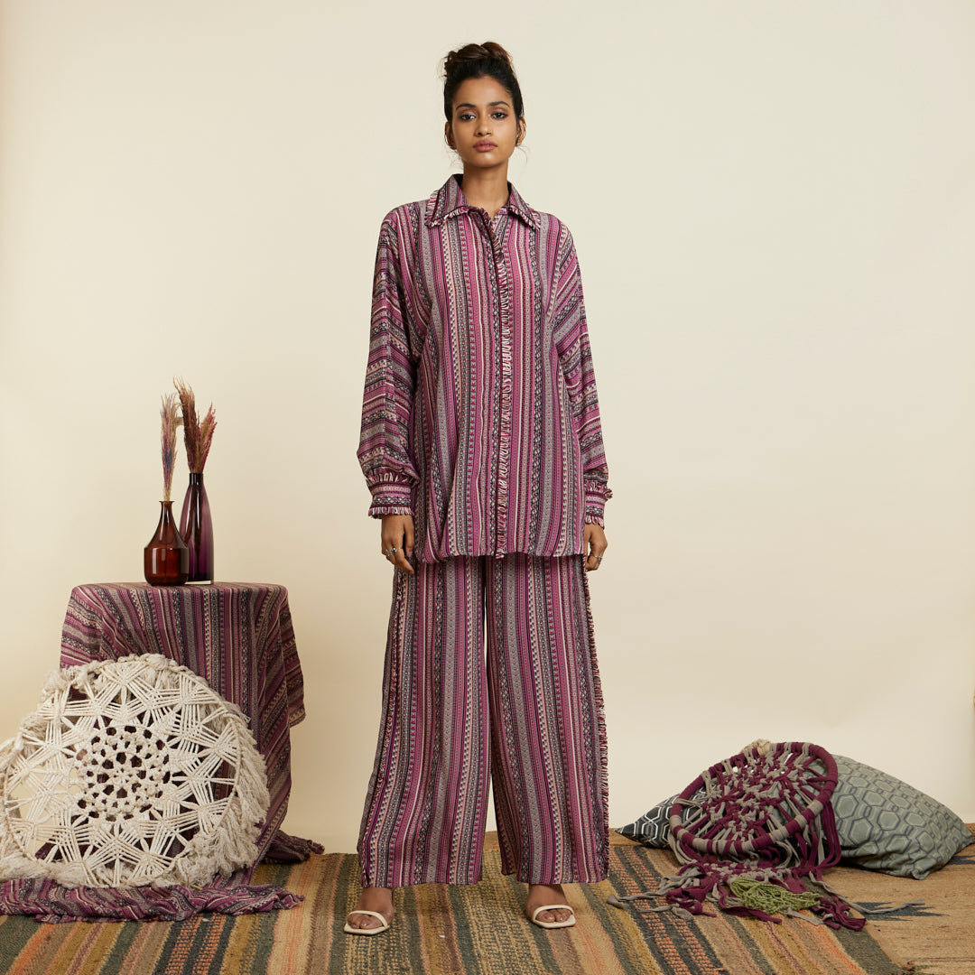 MERLOT BOHO STRIPE PRINT OVERSIZED COORD SET