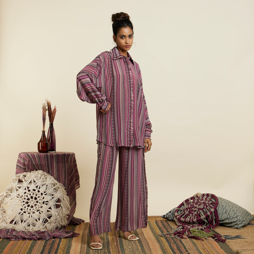 MERLOT BOHO STRIPE PRINT OVERSIZED COORD SET