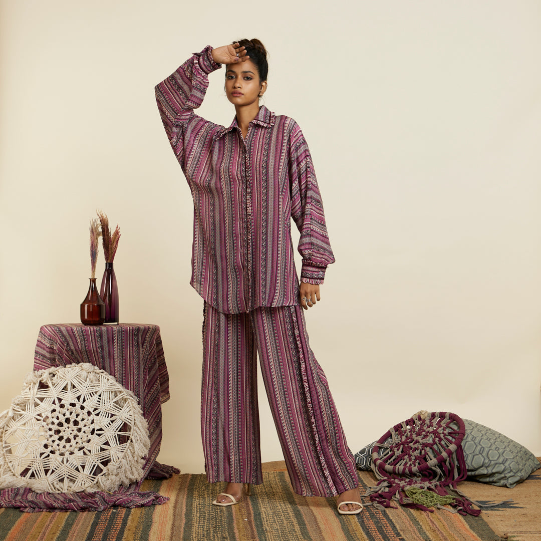 MERLOT BOHO STRIPE PRINT OVERSIZED COORD SET