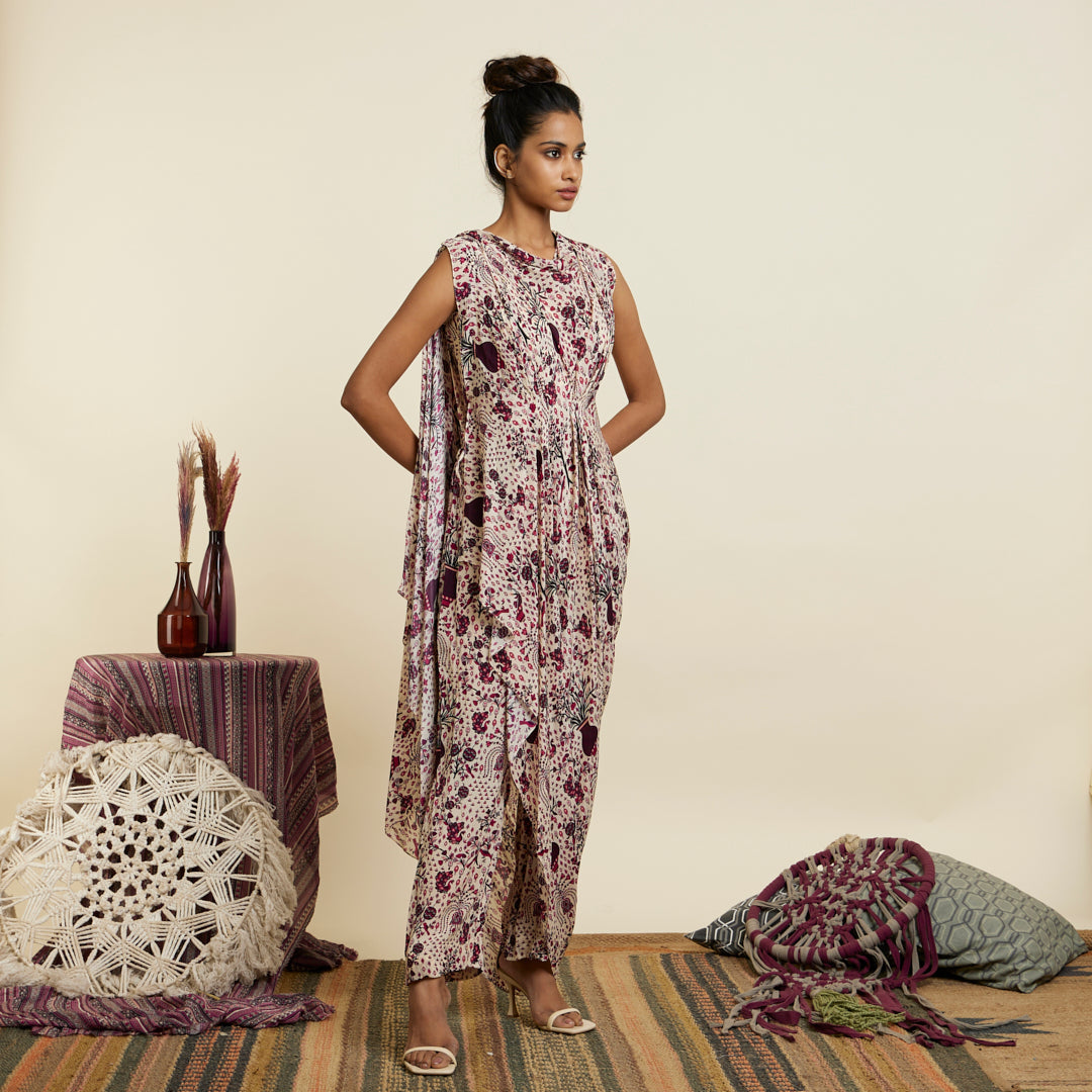 SAFAR MERLOT JAAL PRINT CROP TOP WITH ATTACHED DRAPE WITH PANTS