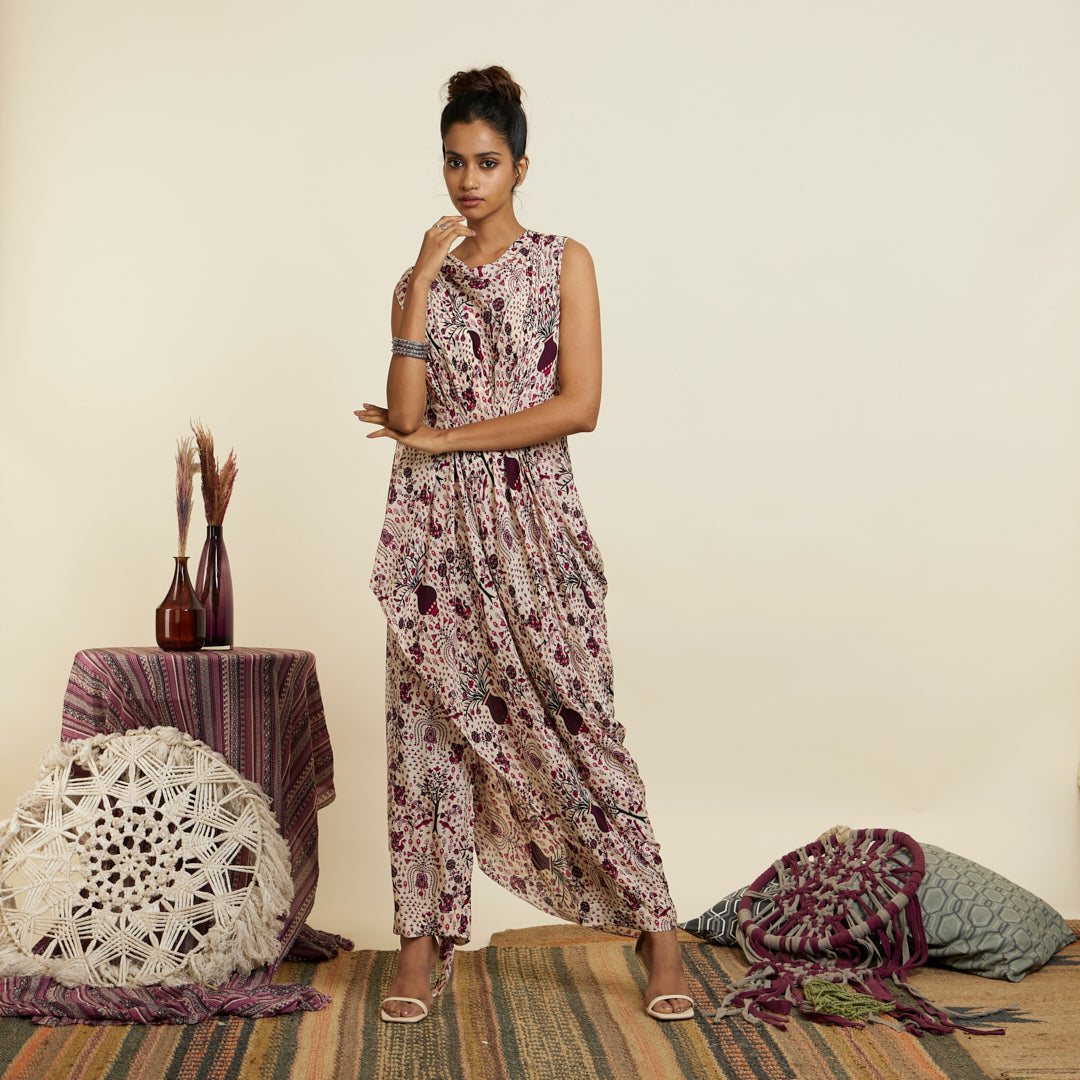 SAFAR MERLOT JAAL PRINT CROP TOP WITH ATTACHED DRAPE WITH PANTS