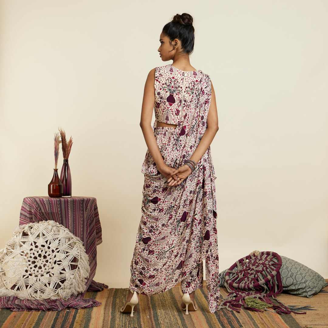 SAFAR MERLOT JAAL PRINT CROP TOP WITH ATTACHED DRAPE WITH PANTS