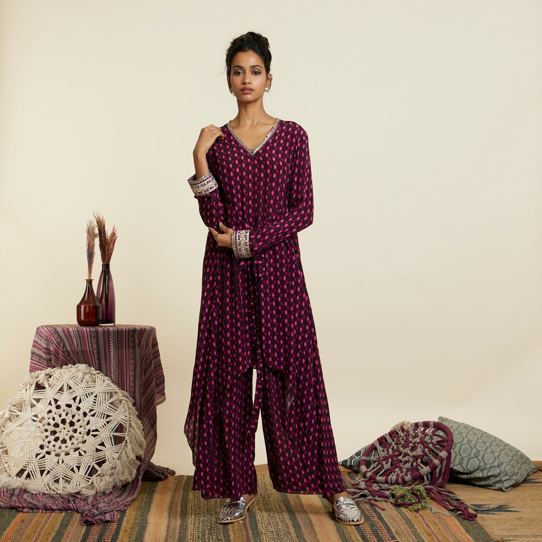 WINE GEOMETRIC PRINT FRONT TIE UP TUNIC SET