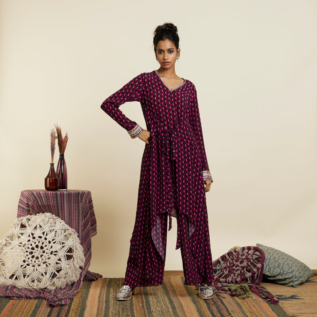 WINE GEOMETRIC PRINT FRONT TIE UP TUNIC SET