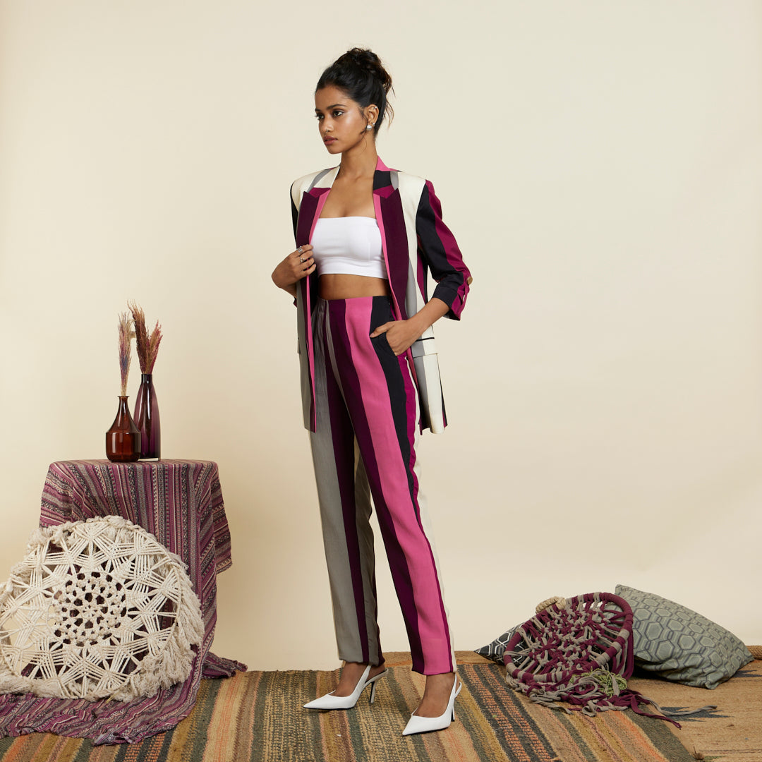 MERLOT STRIPE PRINT BLAZER SET