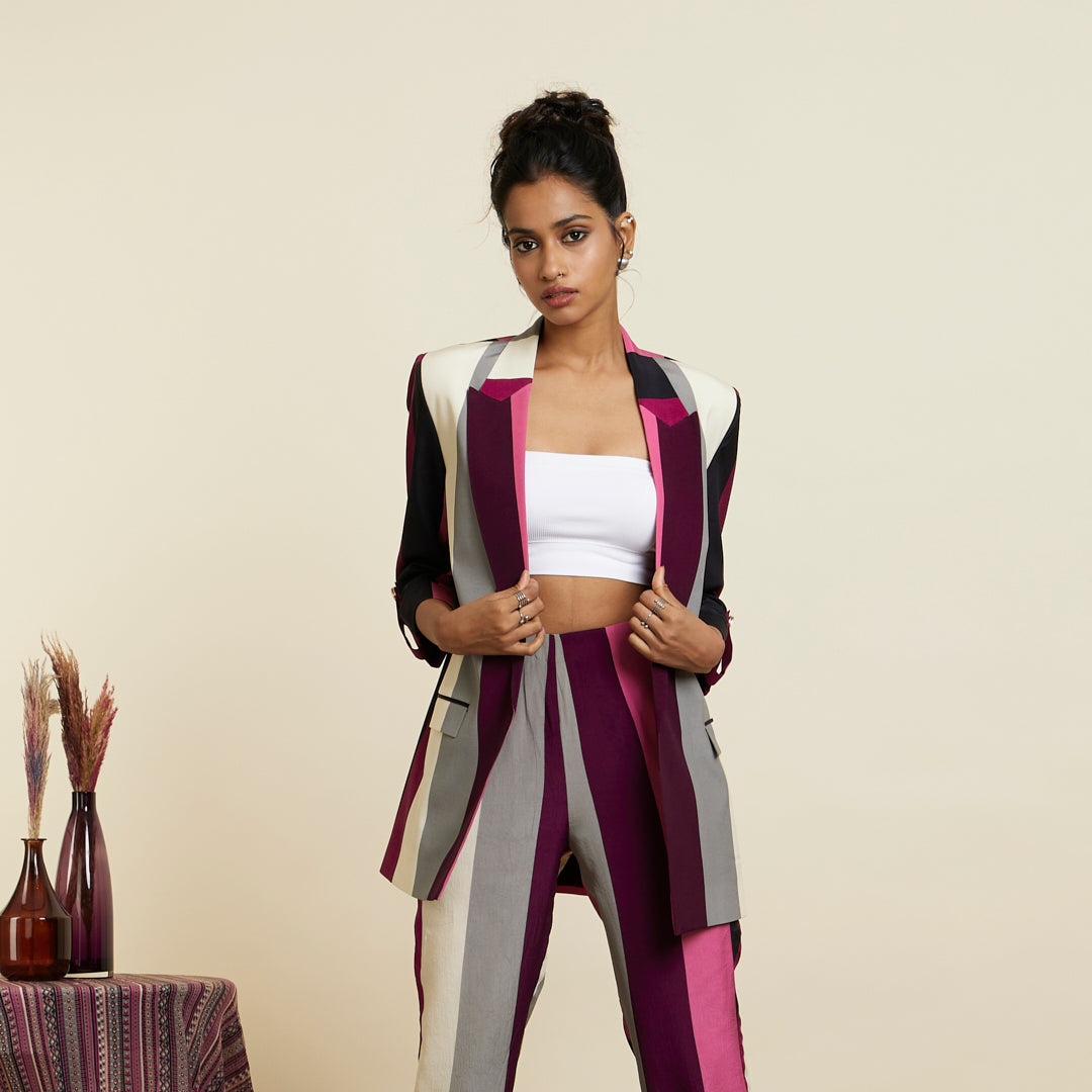 MERLOT STRIPE PRINT BLAZER SET