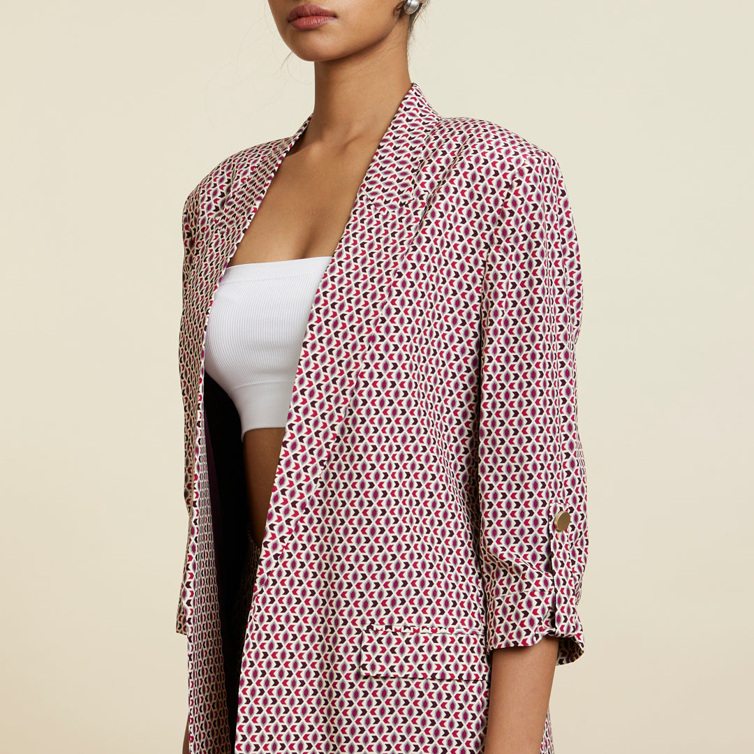 MERLOT GEOMETRIC PRINT STRIPE PRINT BLAZER SET