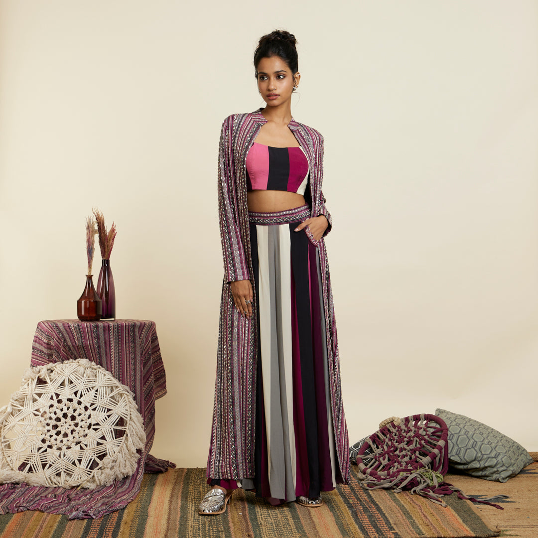 MERLOT BOHO STRIPE EMBELLISHED CAPE SET