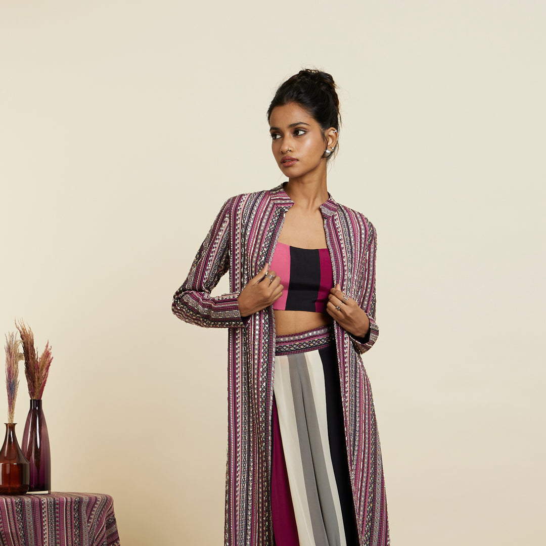 MERLOT BOHO STRIPE EMBELLISHED CAPE SET