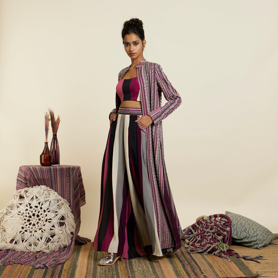 MERLOT BOHO STRIPE EMBELLISHED CAPE SET