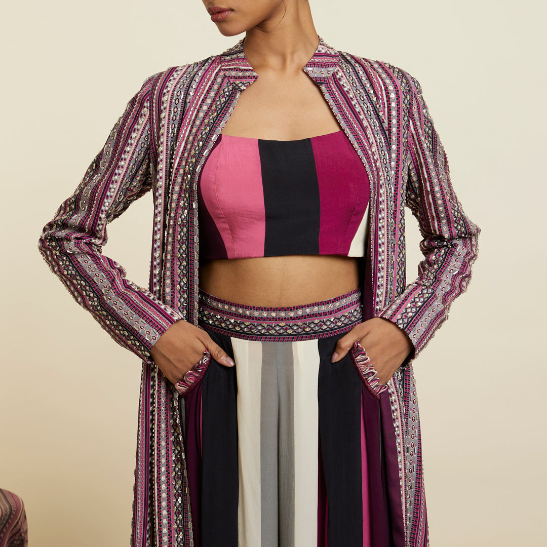 MERLOT BOHO STRIPE EMBELLISHED CAPE SET