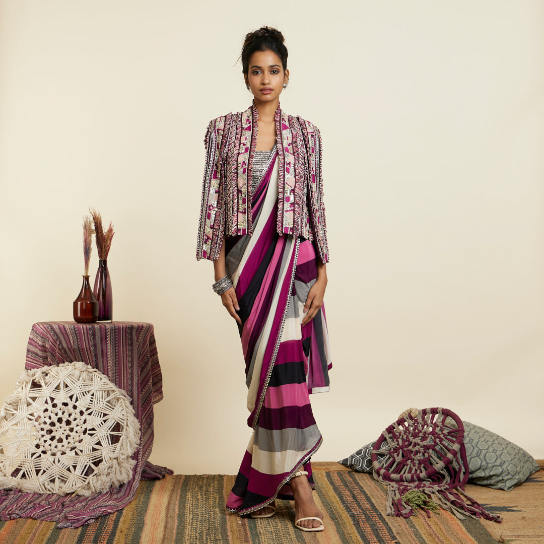 MERLOT STRIPE CASCADE SAREE WITH ABSTRACT NOOR JACKET