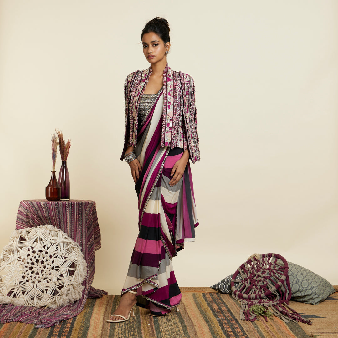 MERLOT STRIPE CASCADE SAREE WITH ABSTRACT NOOR JACKET