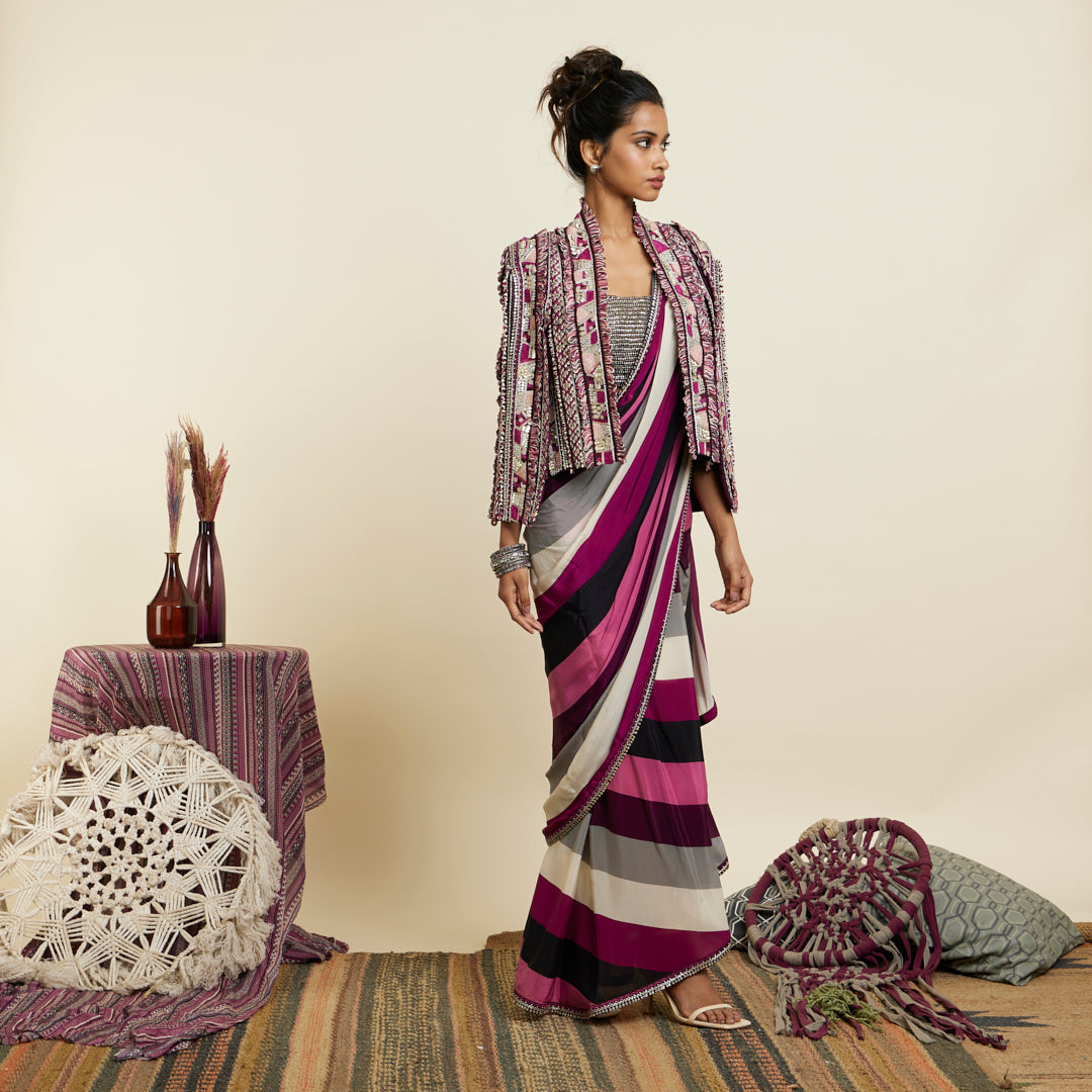 MERLOT STRIPE CASCADE SAREE WITH ABSTRACT NOOR JACKET