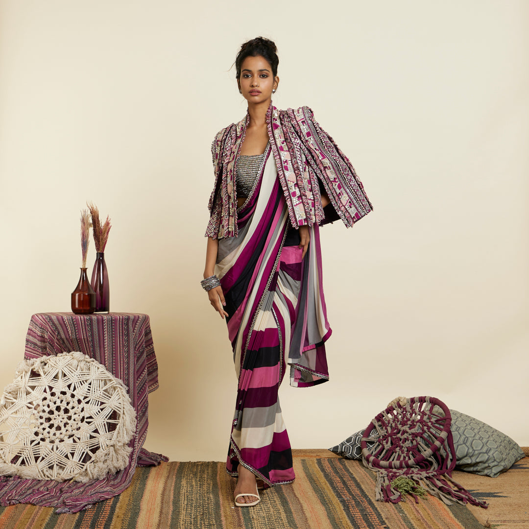 MERLOT STRIPE CASCADE SAREE WITH ABSTRACT NOOR JACKET