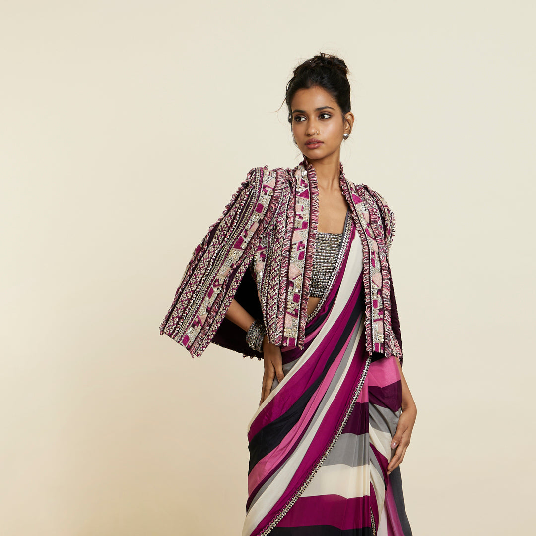 MERLOT STRIPE CASCADE SAREE WITH ABSTRACT NOOR JACKET