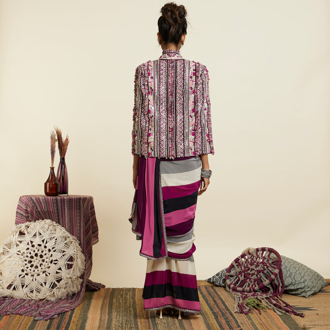 MERLOT STRIPE CASCADE SAREE WITH ABSTRACT NOOR JACKET