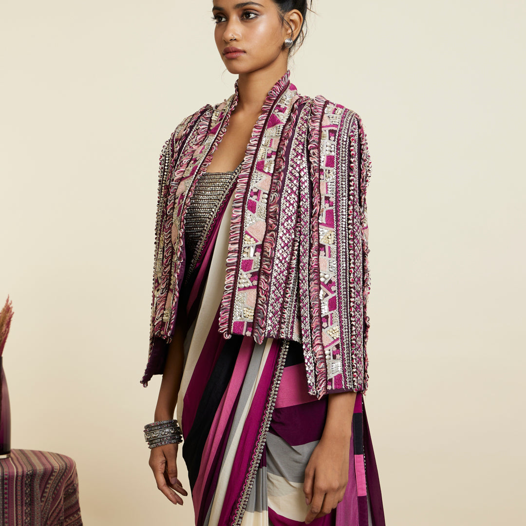 MERLOT STRIPE CASCADE SAREE WITH ABSTRACT NOOR JACKET