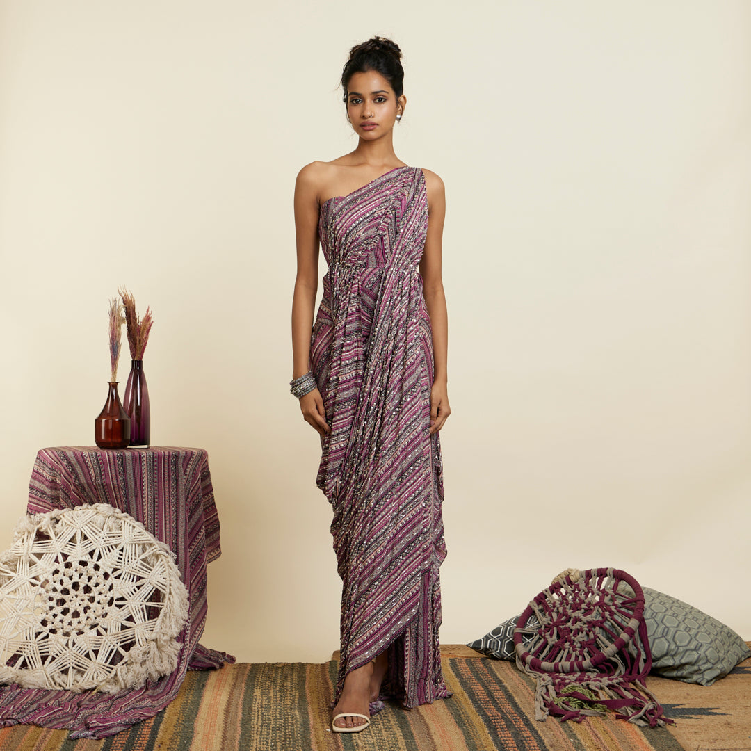 MERLOT BOHO STRIPE PRINT EMBELLISHED SAREE GOWN