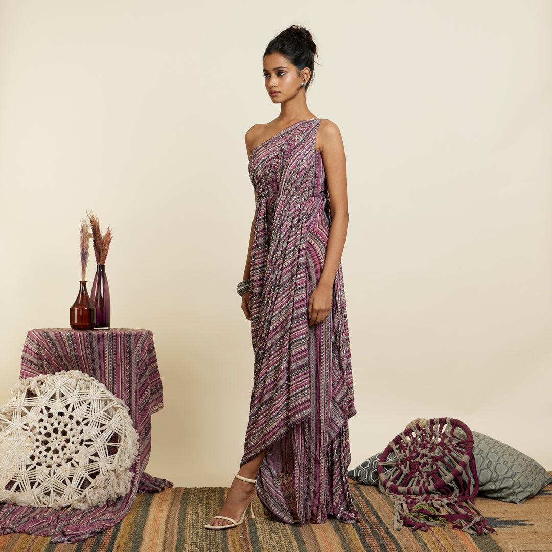 MERLOT BOHO STRIPE PRINT EMBELLISHED SAREE GOWN