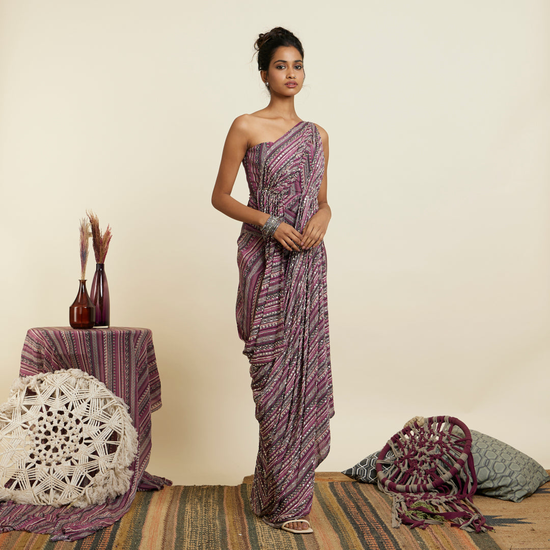 MERLOT BOHO STRIPE PRINT EMBELLISHED SAREE GOWN