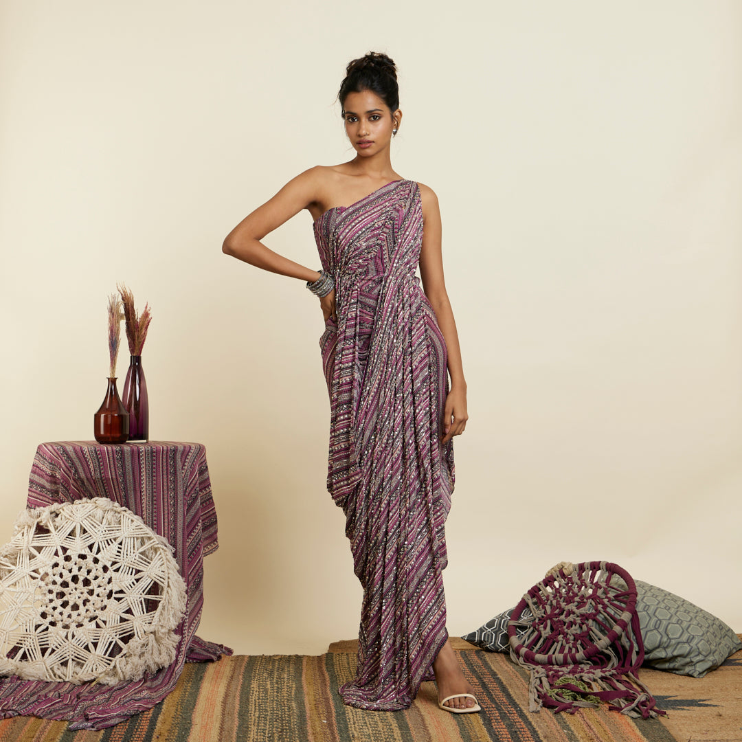 MERLOT BOHO STRIPE PRINT EMBELLISHED SAREE GOWN