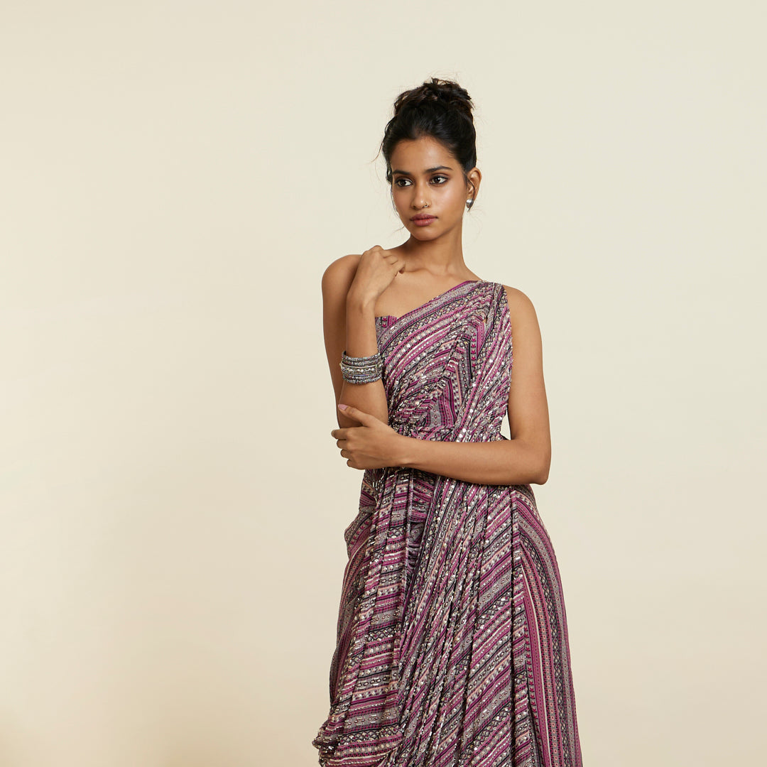 MERLOT BOHO STRIPE PRINT EMBELLISHED SAREE GOWN