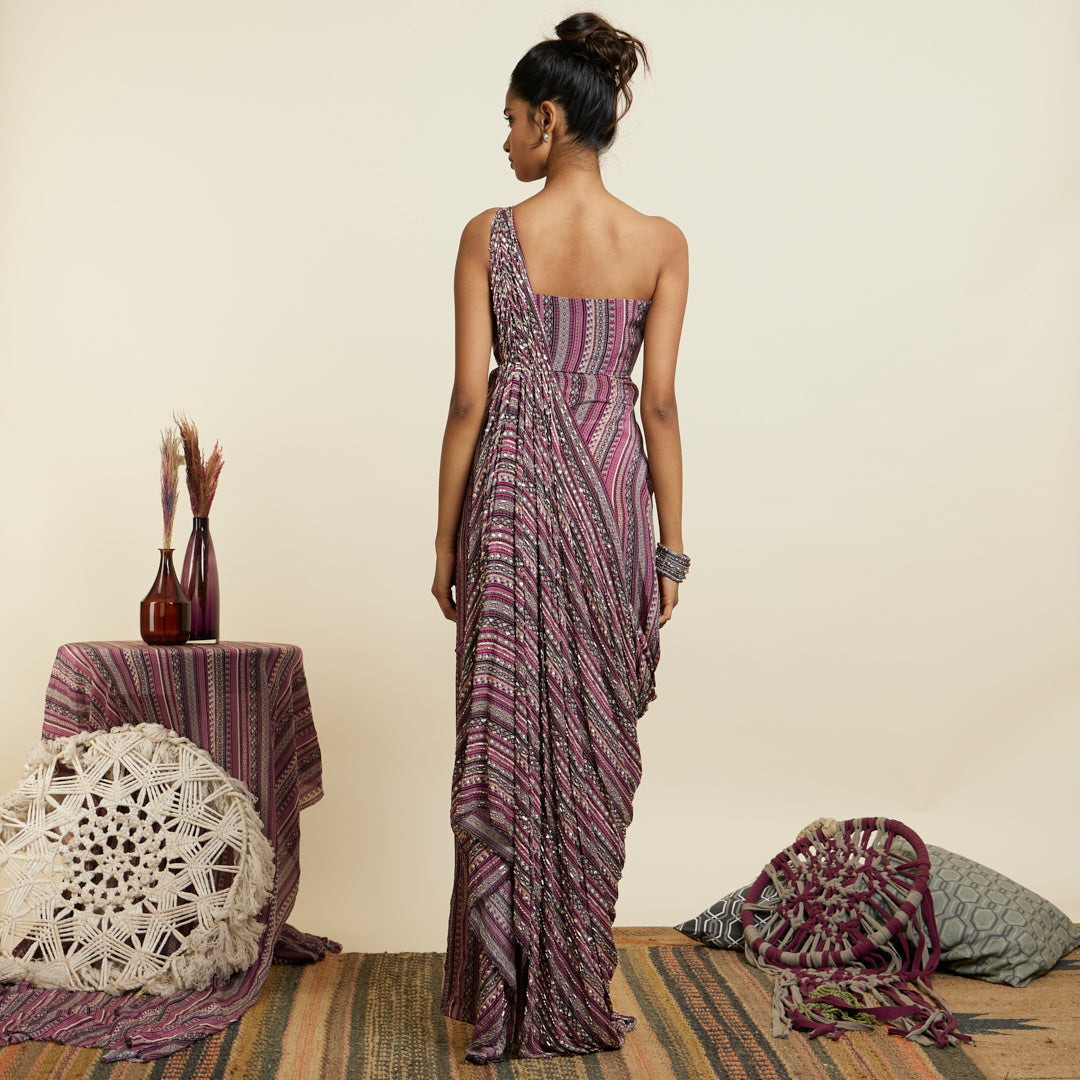 MERLOT BOHO STRIPE PRINT EMBELLISHED SAREE GOWN